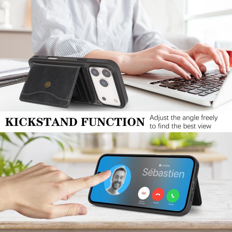For iPhone 17 Pro Max Kalebol Magnetic Button Card Bag MagSafe Ring Leather Phone Case(Black) - iPhone 17 Pro Max Cases by Kalebol | Online Shopping South Africa | PMC TechLife | Buy Now Pay Later Mobicred