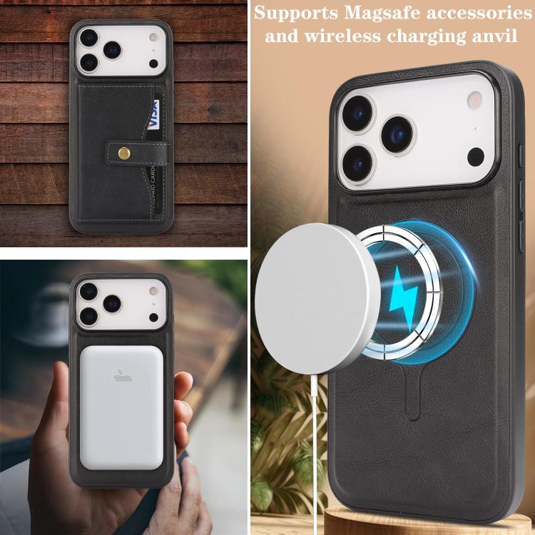 For iPhone 17 Pro Max Kalebol Magnetic Button Card Bag MagSafe Ring Leather Phone Case(Black) - iPhone 17 Pro Max Cases by Kalebol | Online Shopping South Africa | PMC TechLife | Buy Now Pay Later Mobicred