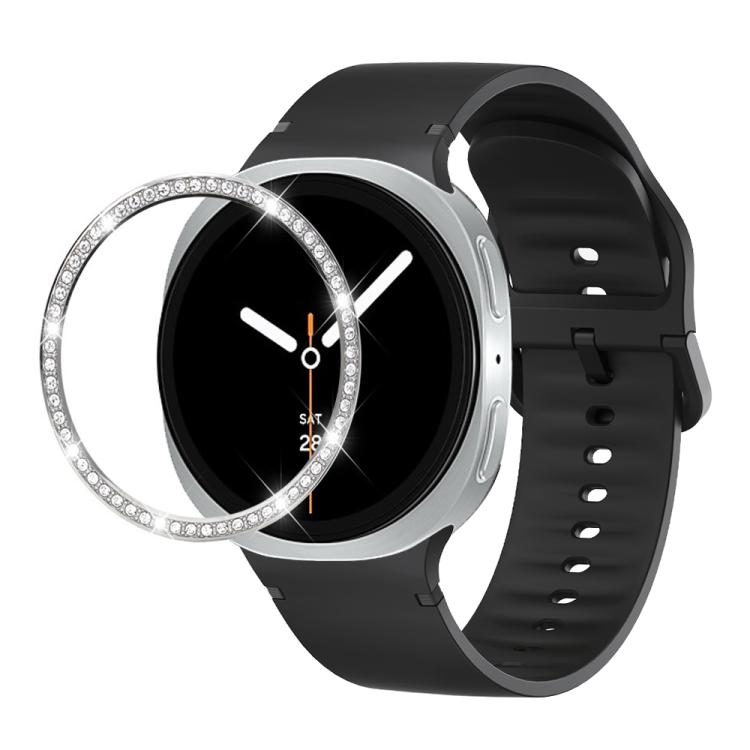 For Samsung Galaxy Watch8 44mm Diamond Bezel and Solid Color Stitched Silicone Watch Band(Black Silver) - free shipping - PMC TechLife - Order now!