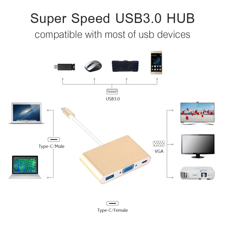 USB Type C to VGA 3-in-1 Hub Adapter supports USB Type C tablets and laptops for Macbook Pro / Google ChromeBook(Silver) - Cable & Adapters by PMC TechLife | Online Shopping South Africa | PMC TechLife