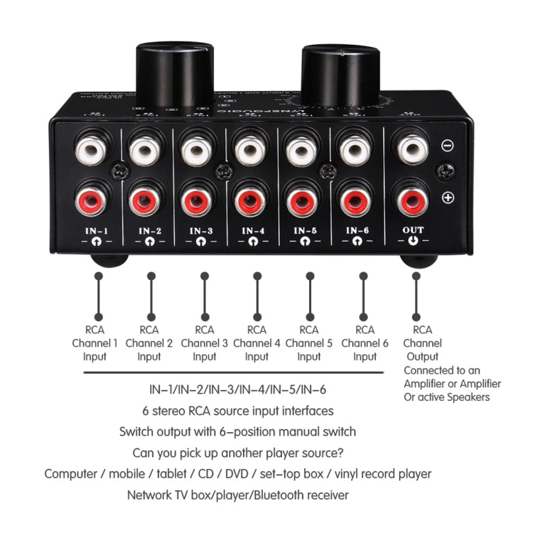 B016 6 Input 1 Output Audio Signal Source Selection Switcher, Output Volume Adjustment Control RCA Port -  by PMC Jewellery | Online Shopping South Africa | PMC Jewellery | Buy Now Pay Later Mobicred