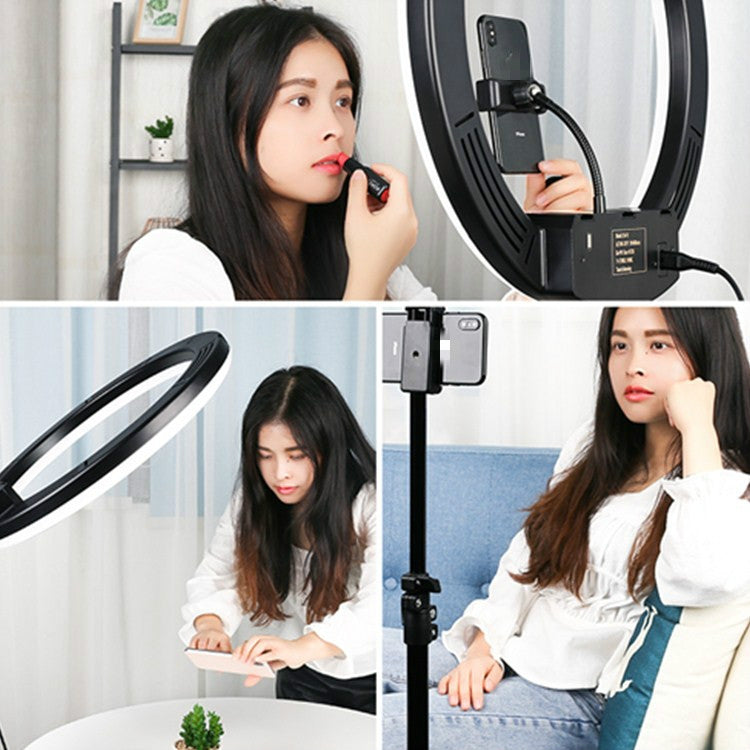 18 inch+6 Phone Clips+Microphone Pole Dimmable Color Temperature LED Ring Fill Light Live Broadcast Set With 2.1m Tripod Mount, CN Plug - Ring Light by PMC Jewellery | Online Shopping South Africa | PMC Jewellery | Buy Now Pay Later Mobicred