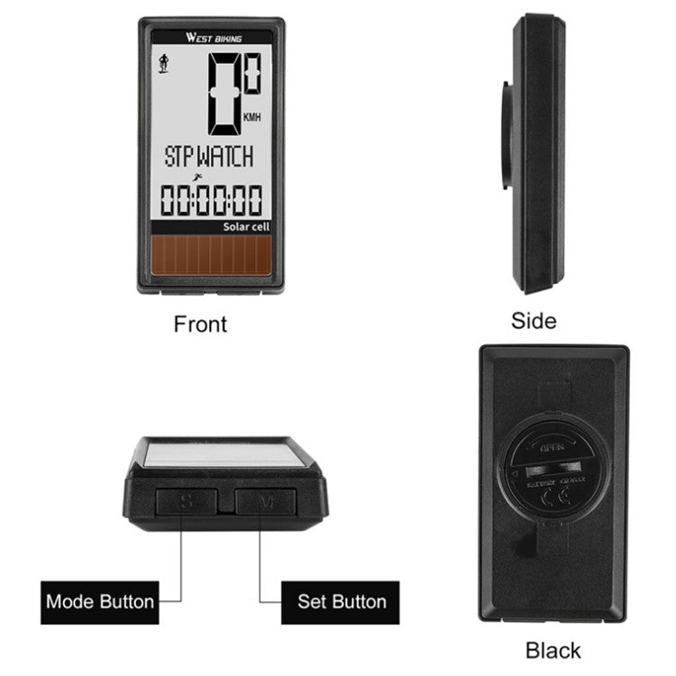 WEST BIKING Wireless Solar Code Table Mountain Road Bike Large Character Code Table Five Language Waterproof Speedometer - Speedometers by PMC TechLife | Online Shopping South Africa | PMC TechLife | Buy Now Pay Later Mobicred