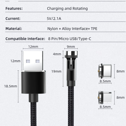 CC56 8 Pin + Type-C/USB-C + Micro USB Magnetic Interface Dust Plug Rotating Data Charging Cable, Cbale Length: 2m(Black) - Charging Cable & Head by PMC Jewellery | Online Shopping South Africa | PMC Jewellery | Buy Now Pay Later Mobicred