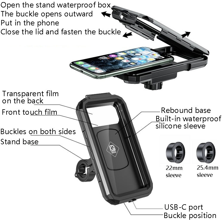 Kewig Bicycle Motorcycle Waterproof Box Mobile Phone Bracket Riding Touch Mobile Phone Fixed Seat(M18S-B1 Small Handlebar Installation) - free shipping - PMC TechLife - Order now!