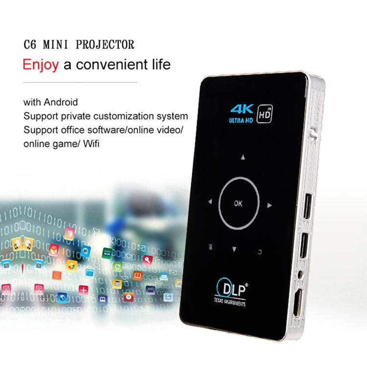 C6 1G+8G Android System Intelligent DLP HD Mini Projector Portable Home Mobile Phone Projector， US Plug (White) - free shipping - PMC Jewellery - Order now!