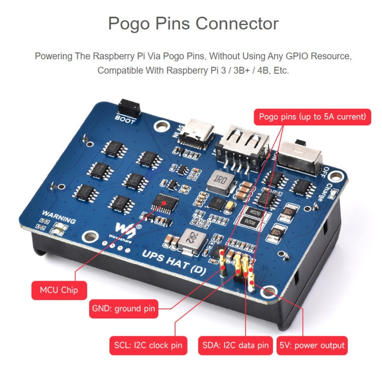 Waveshare 25567 For Raspberry Pi UPS HAT (D), Pogo Pins Connector , Without Battery - Raspberry Pi Accessories by Waveshare | Online Shopping South Africa | PMC Jewellery | Buy Now Pay Later Mobicred