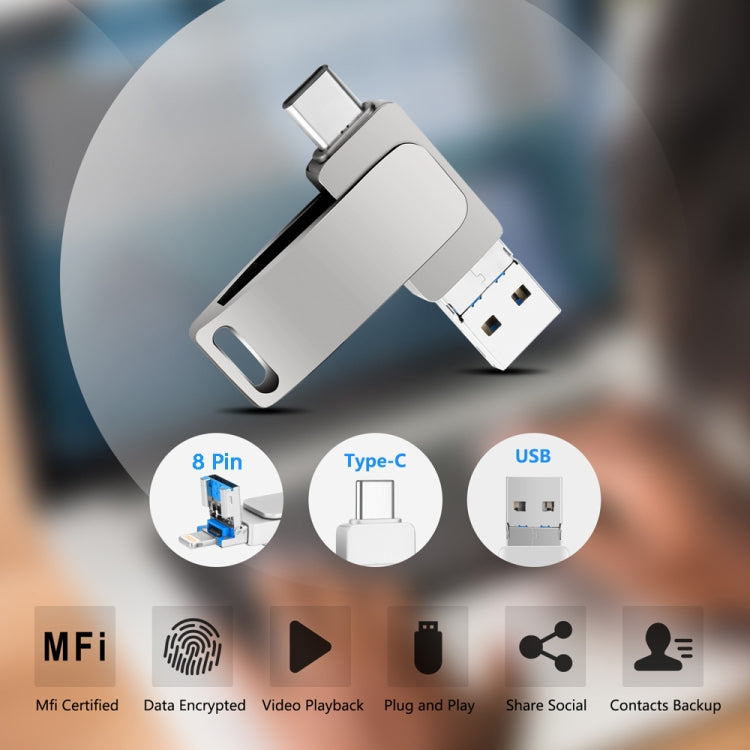 16 GB USB 3.0 + 8 Pin + USB-C / Type-C 3 in 1 Phone Computer Metal Rotatable U-Disk(Black) - free shipping - PMC Jewellery - Order now!