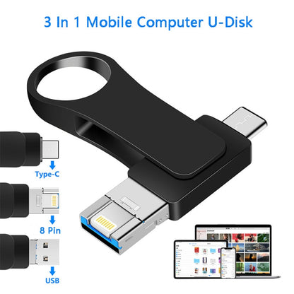 8GB USB 3.0 + 8 Pin + USB-C / Type-C 3 in 1 Mobile Computer Metal U-Disk(Black) - U Disk & Card Reader by PMC Jewellery | Online Shopping South Africa | PMC Jewellery | Buy Now Pay Later Mobicred