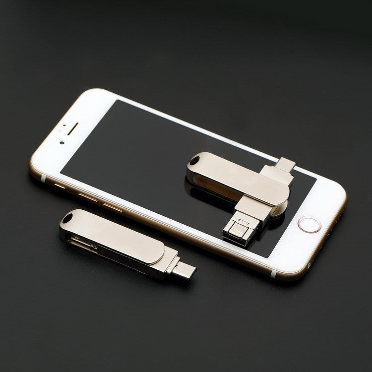 64GB USB 3.0 + 8 Pin + USB-C / Type-C 3 in 1 Phone Computer Rotatable Metal U-Disk - USB Flash Drives by PMC Jewellery | Online Shopping South Africa | PMC Jewellery | Buy Now Pay Later Mobicred