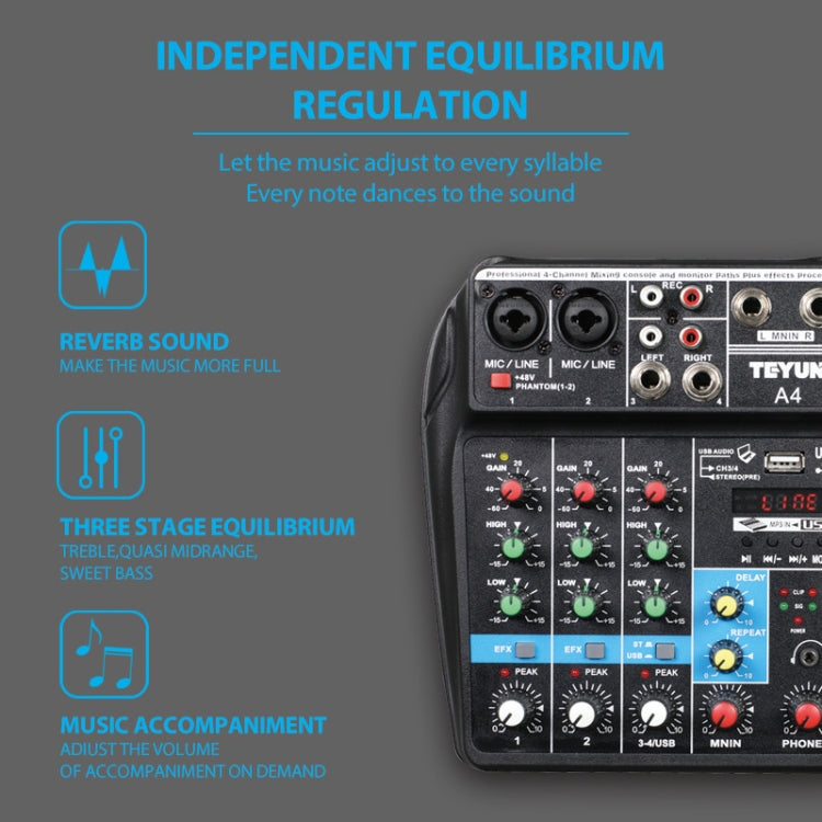 TEYUN A4 4-way Small Microphone Digital Mixer Live Recording Effector(US Plug) - Live Sound Effects Processors by TEYUN | Online Shopping South Africa | PMC TechLife | Buy Now Pay Later Mobicred