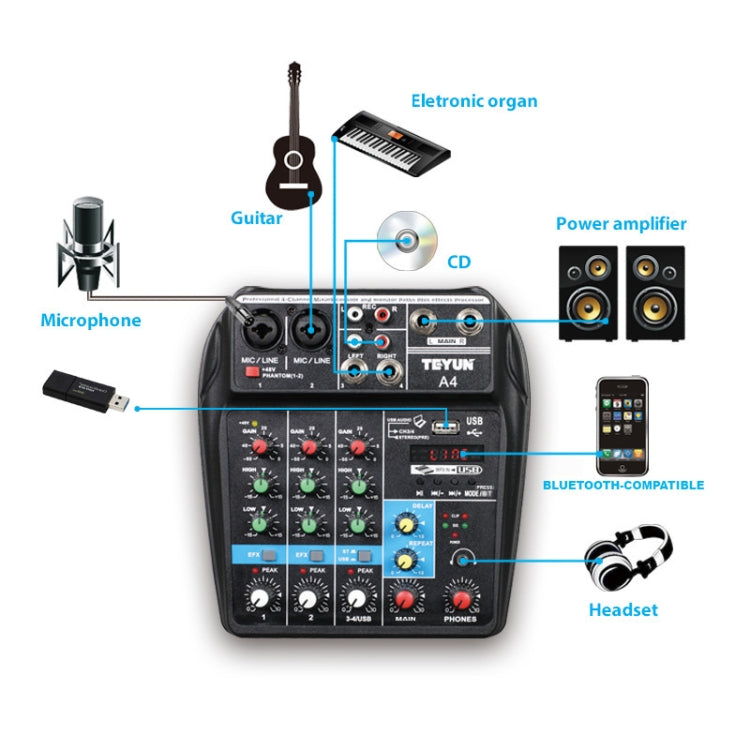 TEYUN A4 4-way Small Microphone Digital Mixer Live Recording Effector(US Plug) - Live Sound Effects Processors by TEYUN | Online Shopping South Africa | PMC TechLife | Buy Now Pay Later Mobicred