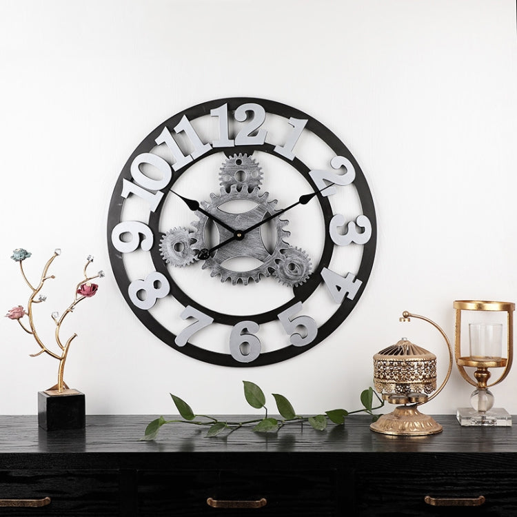 Vintage Wooden Round Gear Silent Wall Clock Number 58cm 4 Gears Silver - Wall Clock by PMC TechLife | Online Shopping South Africa | PMC TechLife