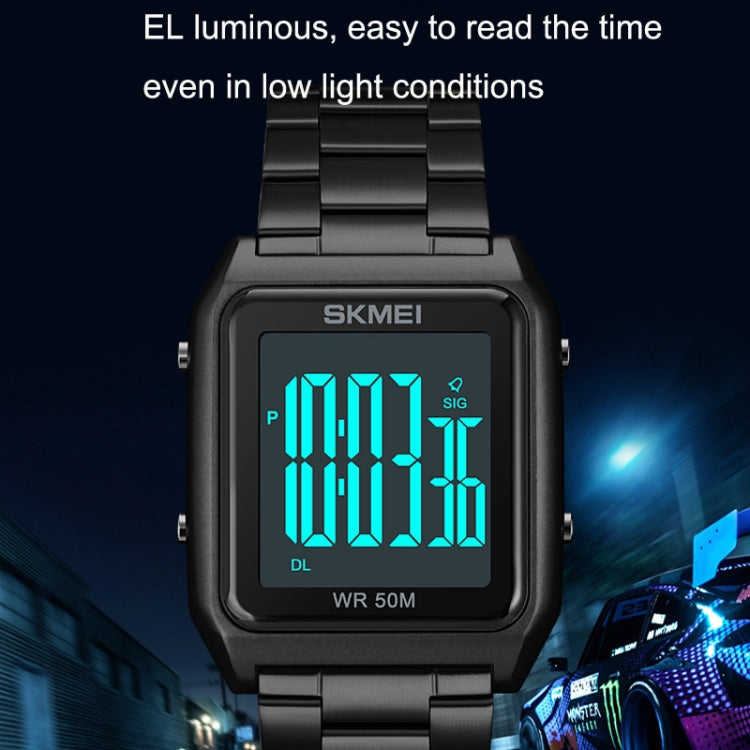 SKMEI 1879 Square Large Screen Men Steel Belt Multi-function EL Luminous Watch, Color: Black White Machine - free shipping - PMC TechLife - Order now!