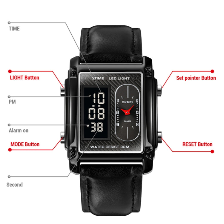 SKMEI 1868 Square Double Display Waterproof Men Watch, Style: Leather Belt (Gold) - free shipping - PMC TechLife - Order now!