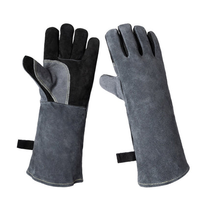 Cowhide BBQ Gloves Thickened Anti-hot Oven Welding Protection Gloves, Specification: A2415 16 inch Gray Black - Safety Gloves by PMC Jewellery | Online Shopping South Africa | PMC Jewellery