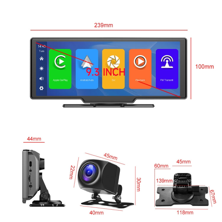 A3073 HD Wired 9.3 Inch 1 To 1 Smart Player With Wireless Carplay Two-way Video Split-screen Display(Black) - Car MP3 & MP4 & MP5 by PMC TechLife | Online Shopping South Africa | PMC TechLife | Buy Now Pay Later Mobicred