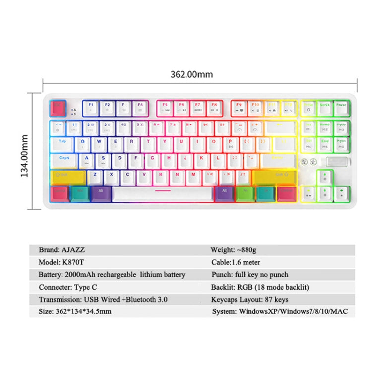 Ajazz K870T 87-Key RGB Office Game Phone Tablet Bluetooth/Wired Dual-Mode Mechanical Keyboard Tea Shaft (White) - Wired Keyboard by Ajazz | Online Shopping South Africa | PMC Jewellery | Buy Now Pay Later Mobicred