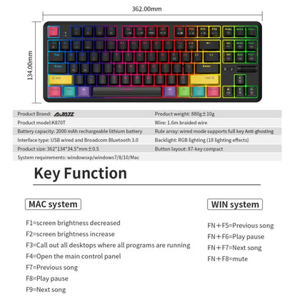 Ajazz K870T 87-Key Hot Swap Bluetooth/Wired Dual Mode RGB Backlight Office Game Mechanical Keyboard Tea Shaft (White) - Wireless Keyboard by Ajazz | Online Shopping South Africa | PMC Jewellery | Buy Now Pay Later Mobicred