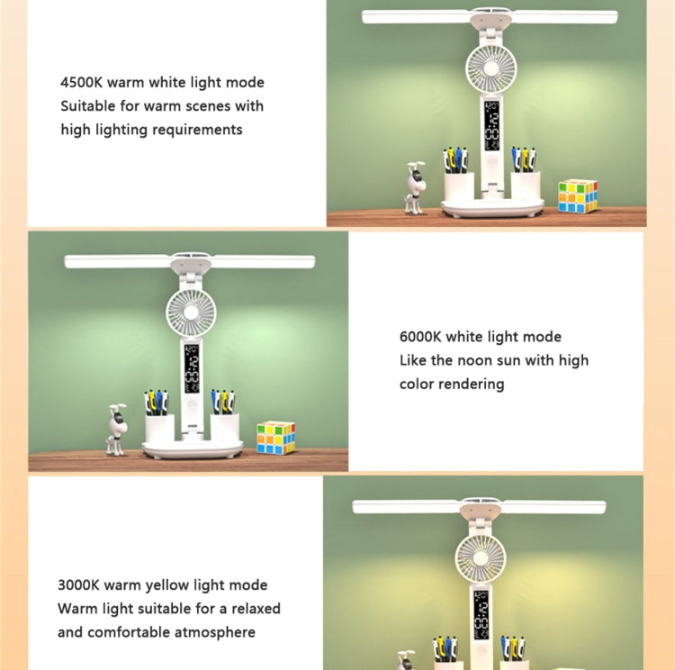 Rechargeable  3200mAh Double Head Lighting LED Fan Desk Lamp with Pen Holder & Clock - Desk Lamps by PMC Jewellery | Online Shopping South Africa | PMC Jewellery