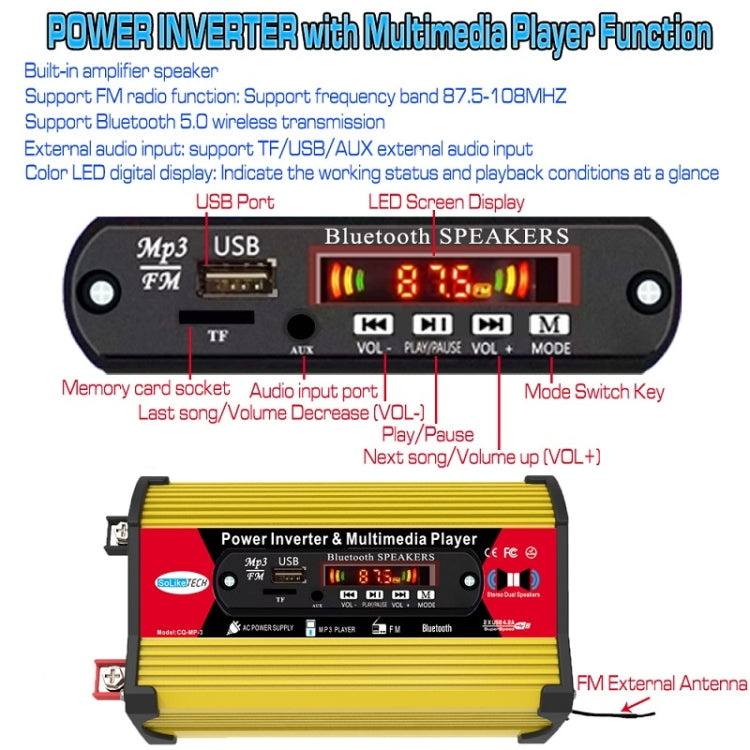 SOLIKE TECH 300W Modified Sine Wave Inverter with Bluetooth MP3/FM Multimedia Player 12V to 220V - Modified Square Wave by PMC Jewellery | Online Shopping South Africa | PMC Jewellery | Buy Now Pay Later Mobicred