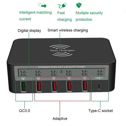 818F 5 USB Ports + Type-C Multifunctional Multi-Port Wireless Charger, Style: UK Plug (Black) - Multifunction Charger by PMC Jewellery | Online Shopping South Africa | PMC Jewellery | Buy Now Pay Later Mobicred