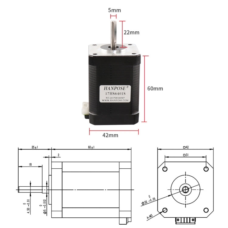 HANPOSE  17HS6401S 12V 1.7A 60mm 70N.cm  4-lead Stepper Motor - Parts by HANPOSE | Online Shopping South Africa | PMC TechLife | Buy Now Pay Later Mobicred