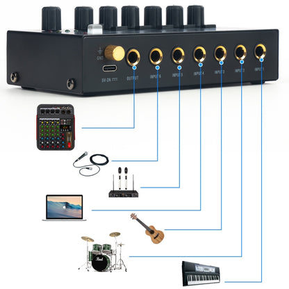 Ultra-Compact Low-Noise 6 Channel Stereo Audio Mixer, US Plug(MIX600) - Live Sound Effects Processors by PMC Jewellery | Online Shopping South Africa | PMC Jewellery | Buy Now Pay Later Mobicred