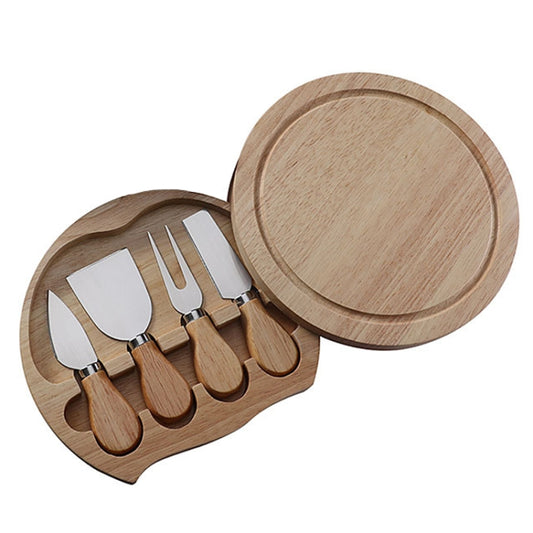 4pcs /Set Round Oak Box Cheese Knife Spatula Stainless Steel Cheese Tools Cutlery, Color: Steel Color - Baking Pastry Tools by PMC Jewellery | Online Shopping South Africa | PMC Jewellery