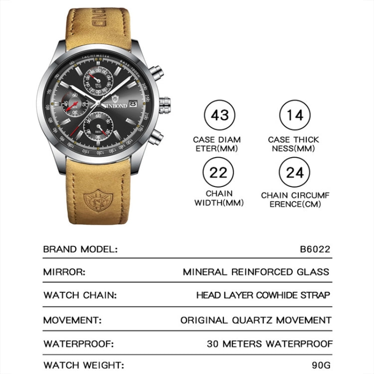 BINBOND B6022 30m Waterproof Luminous Multifunctional Quartz Watch, Color: Inter-Gold-Blue - Metal Strap Watches by BINBOND | Online Shopping South Africa | PMC Jewellery