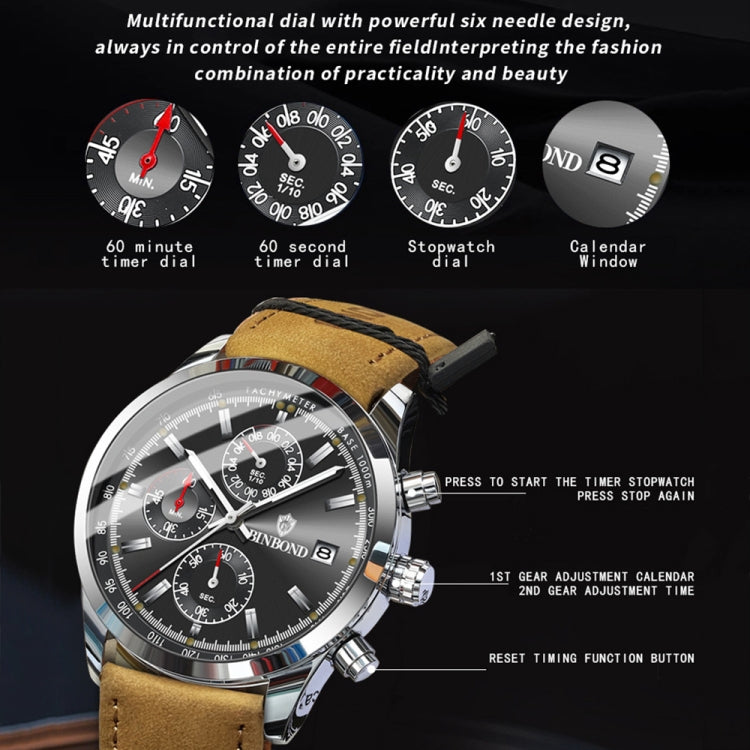 BINBOND B6022 30m Waterproof Luminous Multifunctional Quartz Watch, Color: Inter-Gold-Green - Metal Strap Watches by BINBOND | Online Shopping South Africa | PMC Jewellery