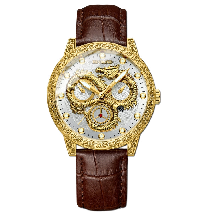 BINBOND B3030 Embossed Dragon Luminous Waterproof Quartz Watch, Color: Brown Leather-Full-gold-White - Leather Strap Watches by BINBOND | Online Shopping South Africa | PMC Jewellery | Buy Now Pay Later Mobicred