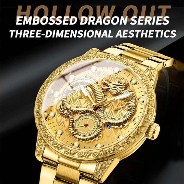 BINBOND B3030 Embossed Dragon Luminous Waterproof Quartz Watch, Color: Full-gold White - Metal Strap Watches by BINBOND | Online Shopping South Africa | PMC Jewellery