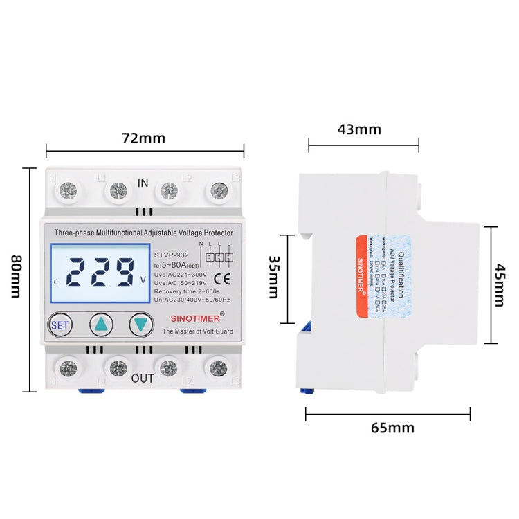 SINOTIMER STVP-932 80A 3-phase 380V LCD Self-resetting Adjustable Surge Voltage Protector - free shipping - PMC TechLife - Order now!