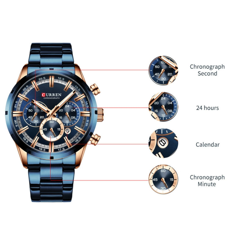 Curren M8355 Men Watch Waterproof Quartz Six Stitches Calendar Steel Belt Business Watch(Rose Shell Blue) - Metal Strap Watches by Curren | Online Shopping South Africa | PMC Jewellery | Buy Now Pay Later Mobicred