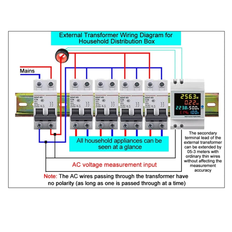 SINOTIMER SDM009 Din Rail Single-Phase Voltage Current Frequency Power Factor Electricity Multifunctional Meter, Model: AC250-450V External - free shipping - PMC TechLife - Order now!
