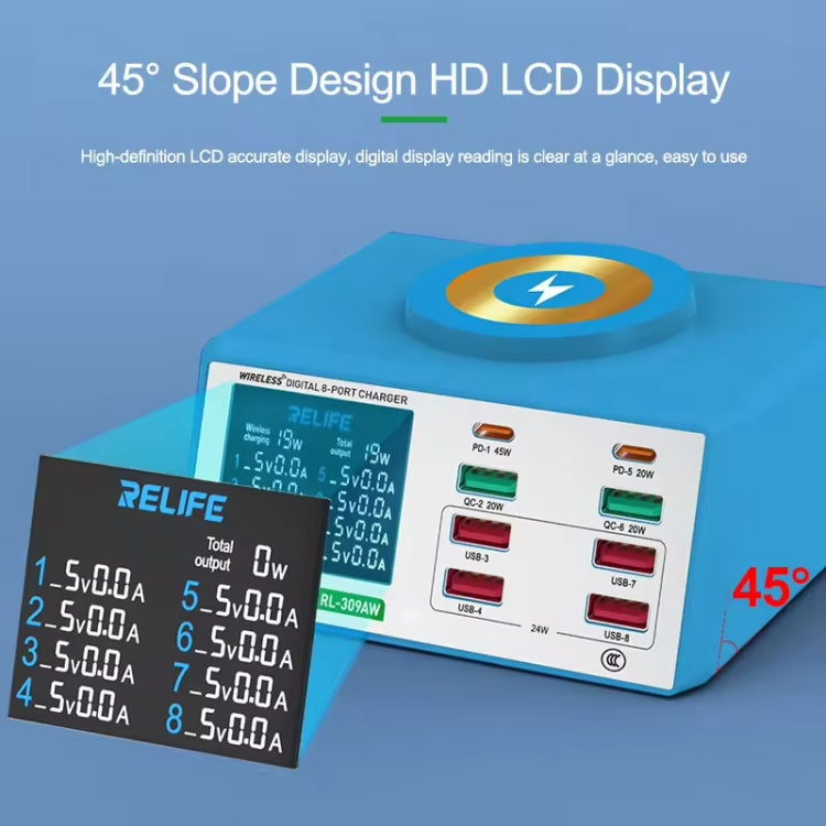 RELIFE RL-309AW  QC3.0 PD Fast Wireless Charger With LCD Display 8 Ports(EU Plug) - free shipping - PMC TechLife - Order now!