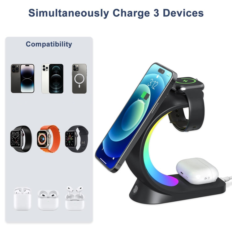 T17 3-in-1 RGB Atmosphere Light MagSafe Phone Watch Earphone Wireless Charger, Color: Black with  UK Plug - Wireless Charger by PMC Jewellery | Online Shopping South Africa | PMC Jewellery | Buy Now Pay Later Mobicred