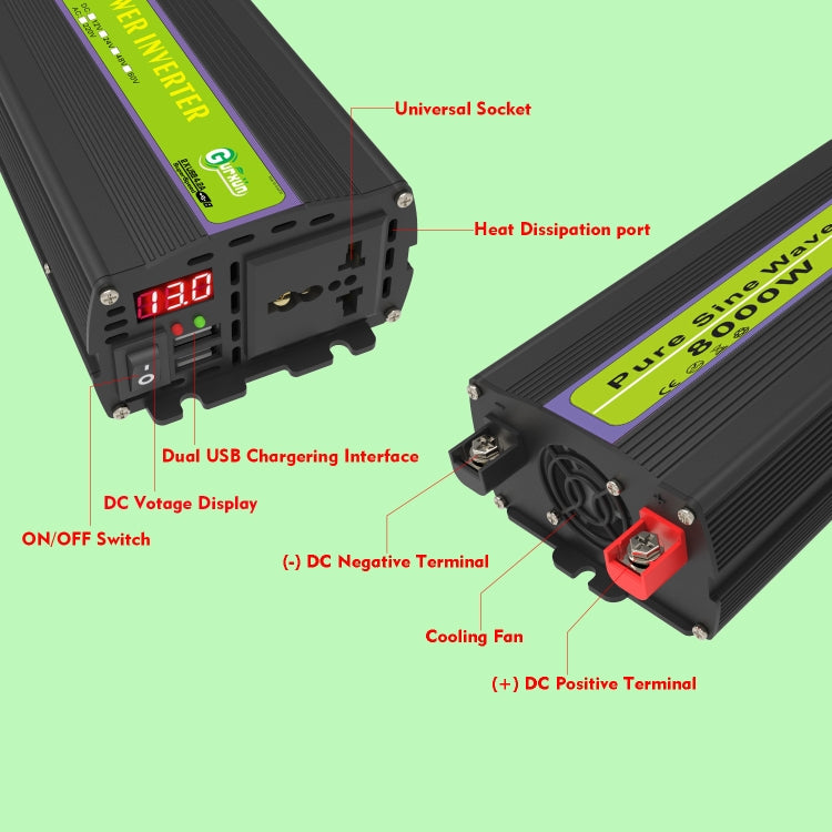 Gurxun 12V-220V 8000W Pure Sine Wave Inverter Car Single Digital Display Voltage Converter - Pure Sine Wave by Gurxun | Online Shopping South Africa | PMC Jewellery | Buy Now Pay Later Mobicred