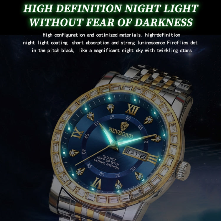 BINBOND B2202 Diamond Dual-calendar Luminous Quartz Watch, Color: White Steel-White - Metal Strap Watches by BINBOND | Online Shopping South Africa | PMC Jewellery | Buy Now Pay Later Mobicred