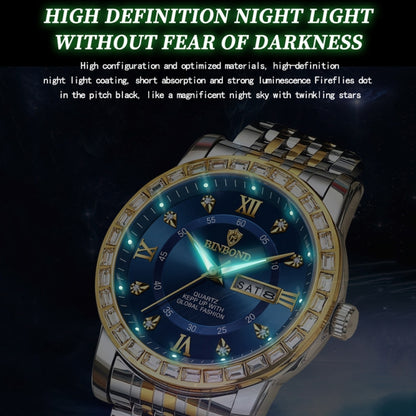 BINBOND B2202 Diamond Dual-calendar Luminous Quartz Watch, Color: Inter-gold-Blue - Metal Strap Watches by BINBOND | Online Shopping South Africa | PMC Jewellery | Buy Now Pay Later Mobicred