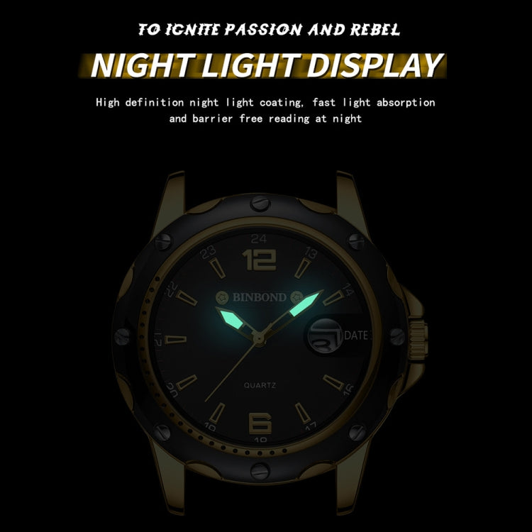 BINBOND B9696 Outdoor Calendar Luminous Waterproof Quartz Watch, Color: Full Gold-Black-Gold Nail - Metal Strap Watches by BINBOND | Online Shopping South Africa | PMC Jewellery | Buy Now Pay Later Mobicred