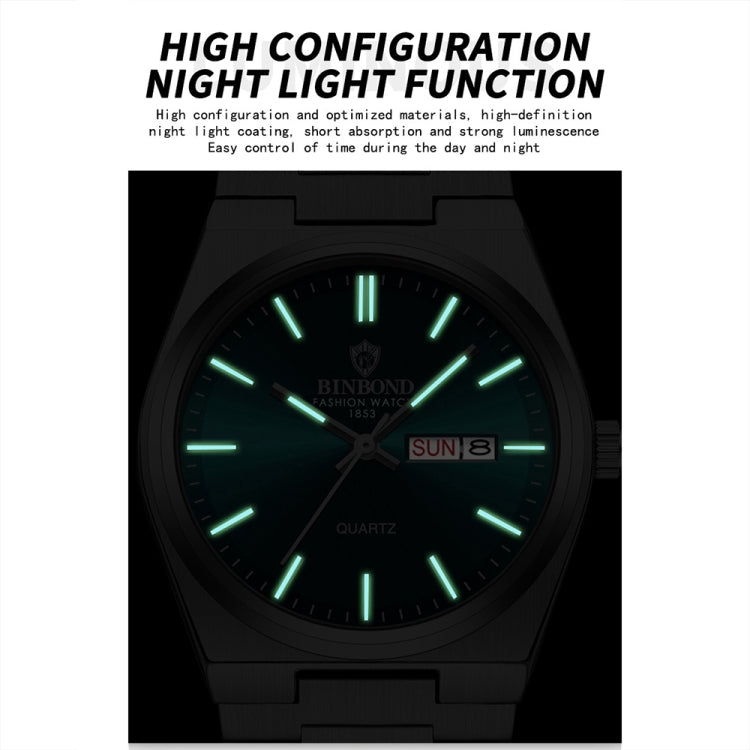 BINBOND B102 Dual-calendar Leisure Waterproof Luminous Quartz Watch, Color: Black Steel-Black-White - Metal Strap Watches by BINBOND | Online Shopping South Africa | PMC Jewellery | Buy Now Pay Later Mobicred