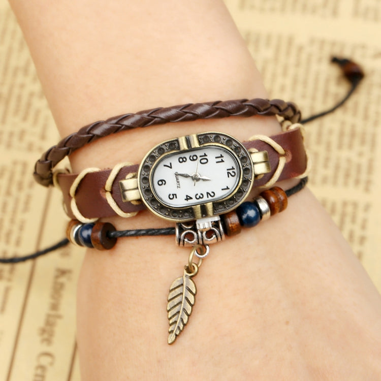 W01350 Vintage Braided Leather Leaf Bracelet Watch(Brown) - Bracelet Watches by PMC Jewellery | Online Shopping South Africa | PMC Jewellery | Buy Now Pay Later Mobicred