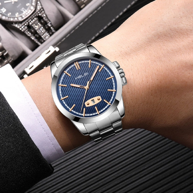 HELEI H9026A-G Men Waterproof Quartz Watch Stainless Steel Calendar Automatic Display Watch(Blue) - Metal Strap Watches by HELEI | Online Shopping South Africa | PMC Jewellery | Buy Now Pay Later Mobicred