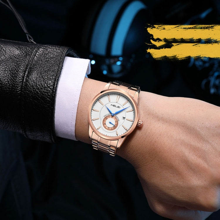 HELEI H9009B-G Night Light Waterproof Men Quartz Watch(Rose Gold White) - Metal Strap Watches by HELEI | Online Shopping South Africa | PMC Jewellery | Buy Now Pay Later Mobicred