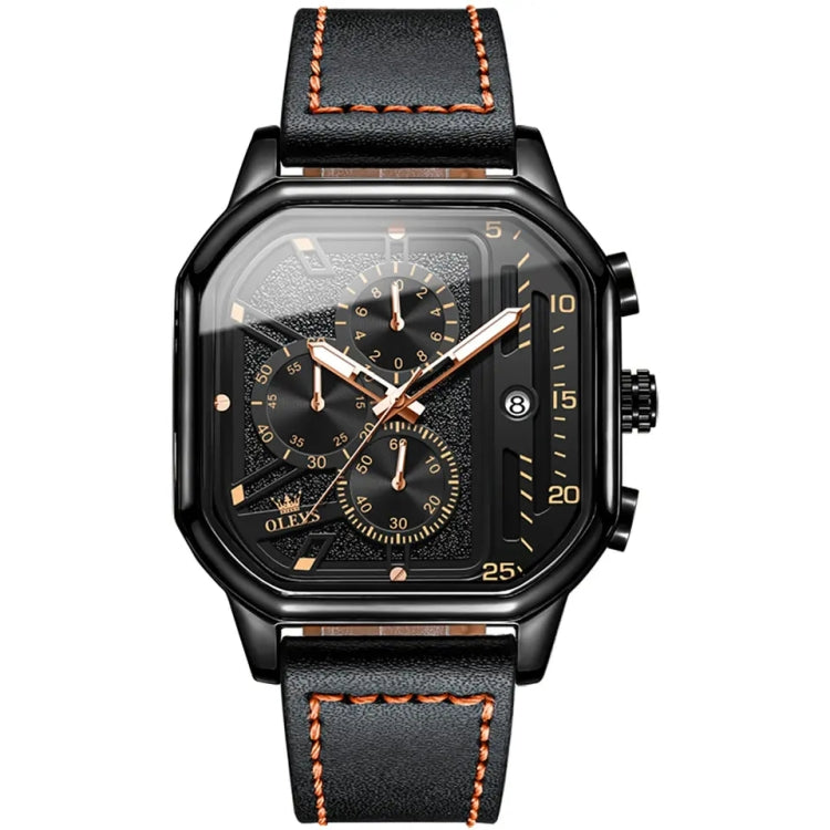 OLEVS 9950 Square Multifunctional Men Quartz Watch(Black) - Leather Strap Watches by OLEVS | Online Shopping South Africa | PMC Jewellery | Buy Now Pay Later Mobicred