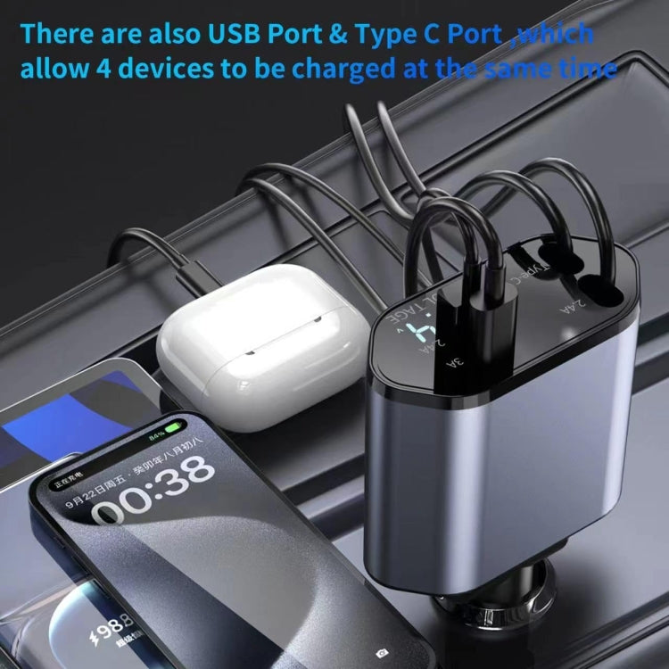 4-In-1 120W Multifunctional USB Retractable Dual-Line Digital Display Car Fast Charger(8 Pin + Type-C) - free shipping - PMC TechLife - Order now!