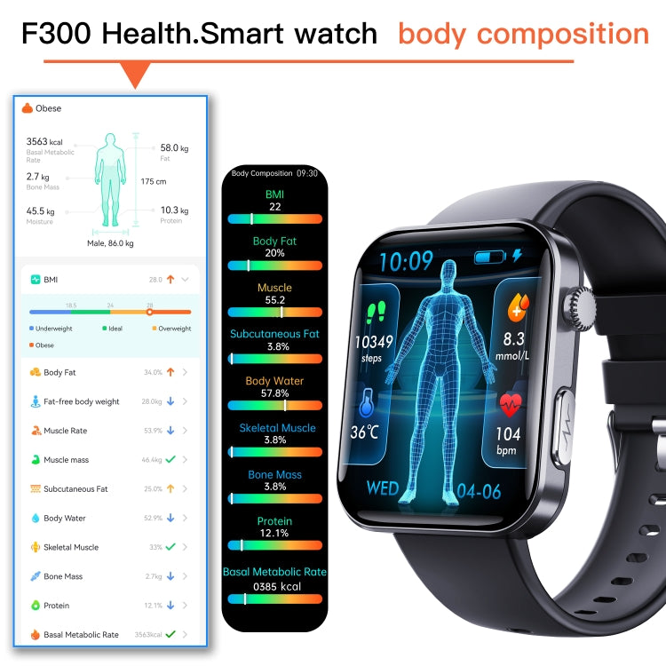 F300  2.1-Inch Screen Smart Watch Supports Bluetooth Calls/ECG/Blood Composition Analysis/50+ Sports Modes, Color: Black Silicone - Smart Watches by PMC Jewellery | Online Shopping South Africa | PMC Jewellery | Buy Now Pay Later Mobicred