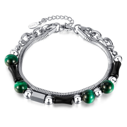 OPK GS1551 Vintage Double Layers Stacked Green Tiger Stone Bamboo Stainless Steel Strings - Bracelets by OPK | Online Shopping South Africa | PMC Jewellery | Buy Now Pay Later Mobicred